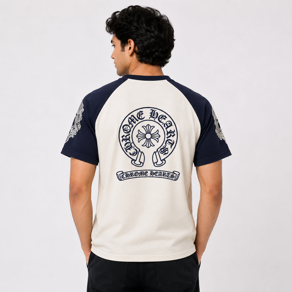 Men's Navy Blue Contrast Sleeve Graphic T-Shirt-4
