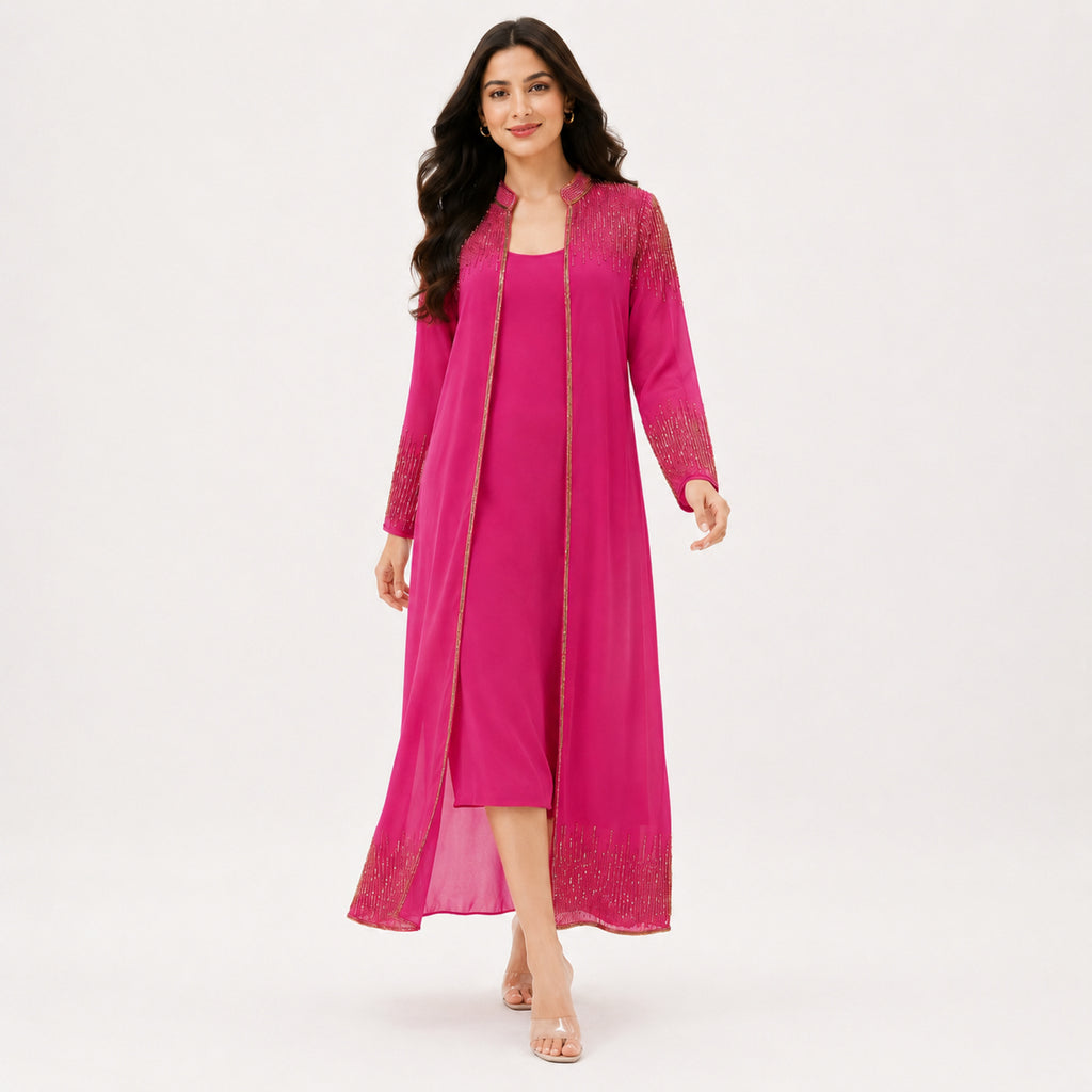 Women's Hot Pink Embellished Layered Maxi Dress with Long Shrug | Ethnic Party Wear Ensemble-1