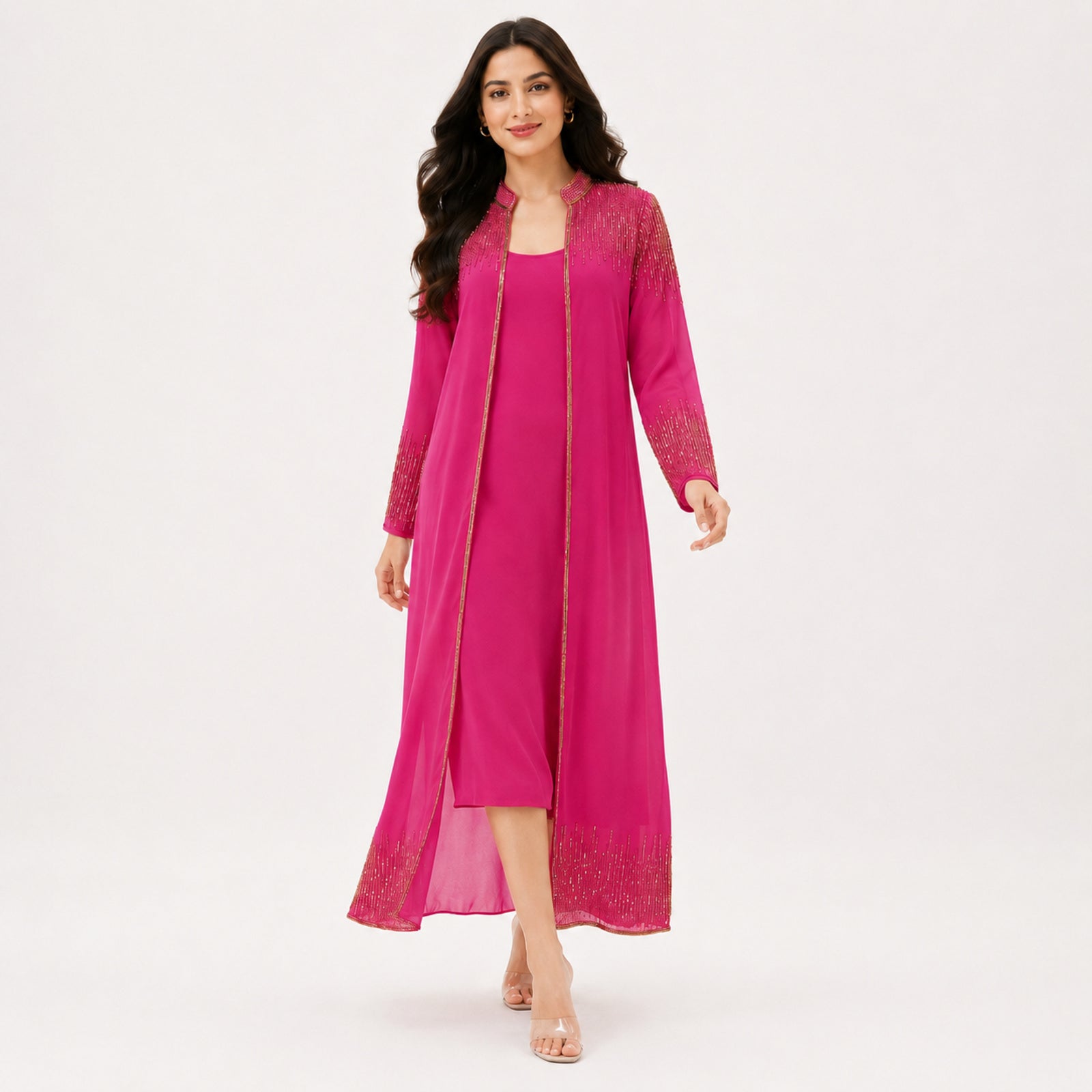 Women's Hot Pink Embellished Layered Maxi Dress with Long Shrug | Ethnic Party Wear Ensemble-1