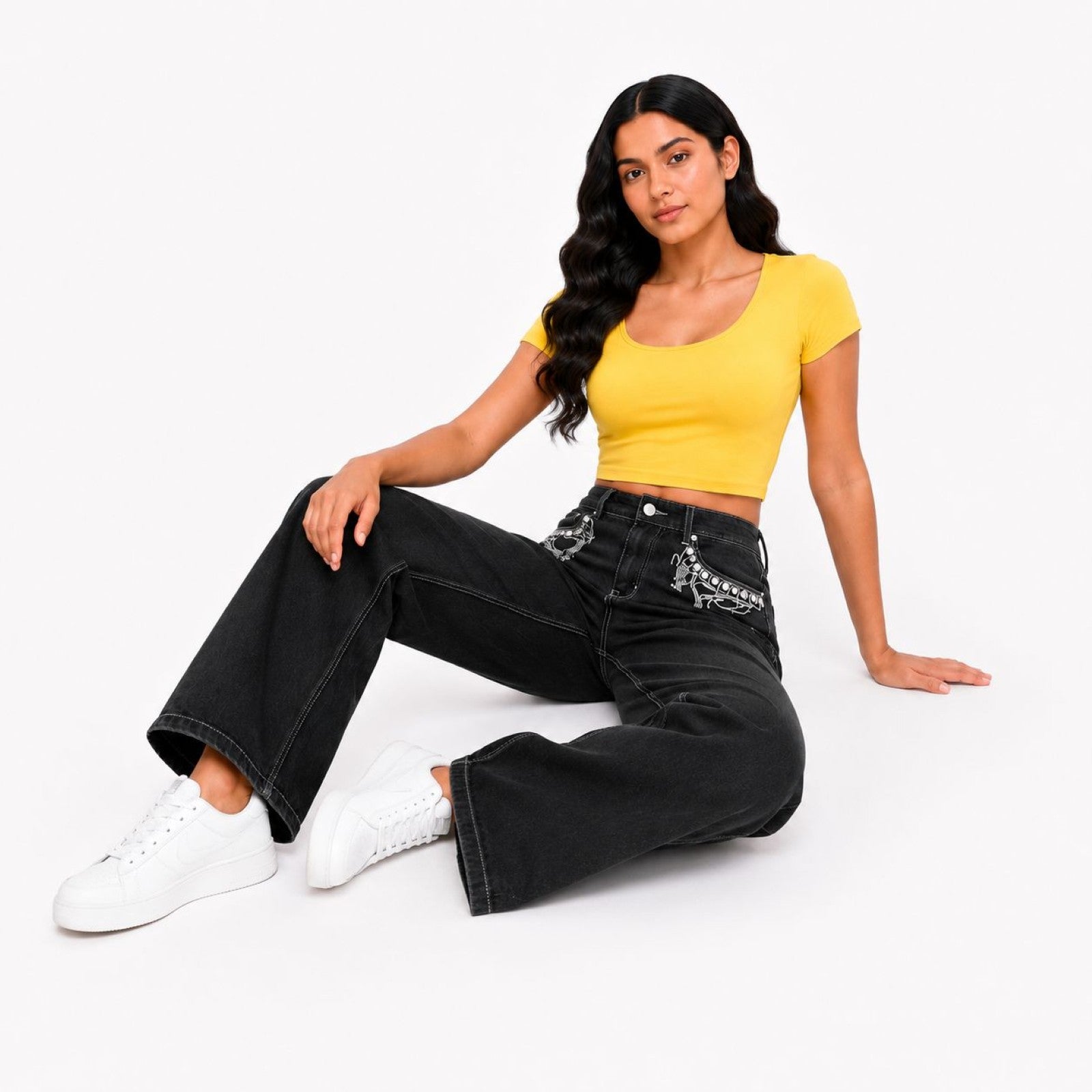 Women's Black Wide Leg Jeans with Embellished Pocket Detail | High-Rise Fashion Denim-3