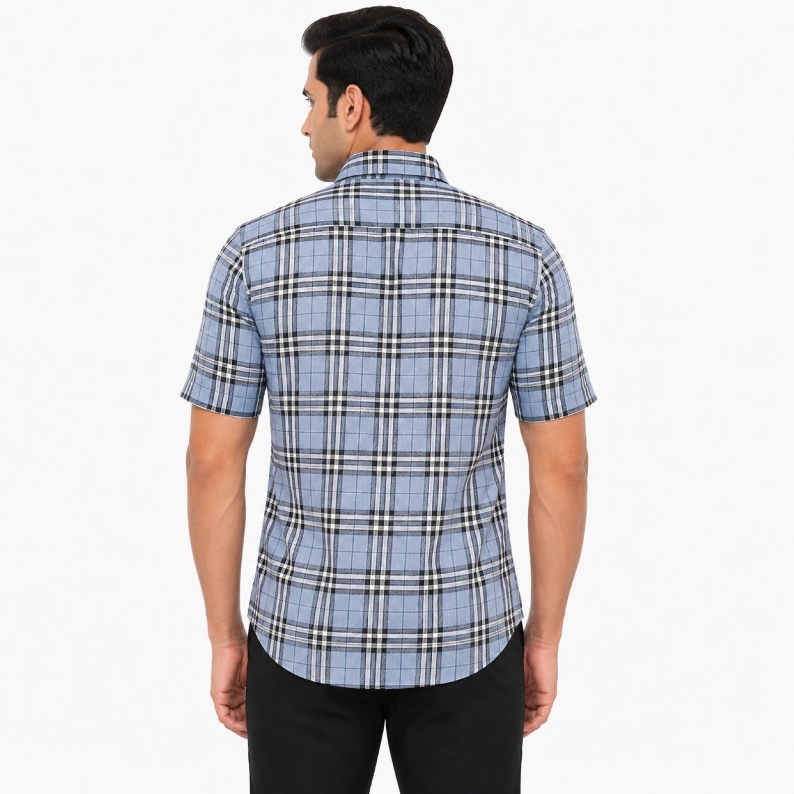 Men's Sky Blue Tartan Check Half Sleeve Shirt | Casual Summer Button-Front Shirt-4