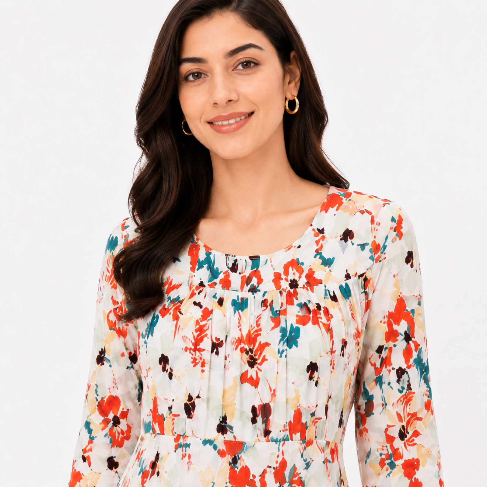 Women's Floral Print Round Neck Three-Quarter Sleeve A-Line Dress-1