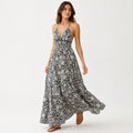 Women's Black Floral Paisley Halter Neck Smocked Maxi Dress | Flowy Resort Wear Dress-1