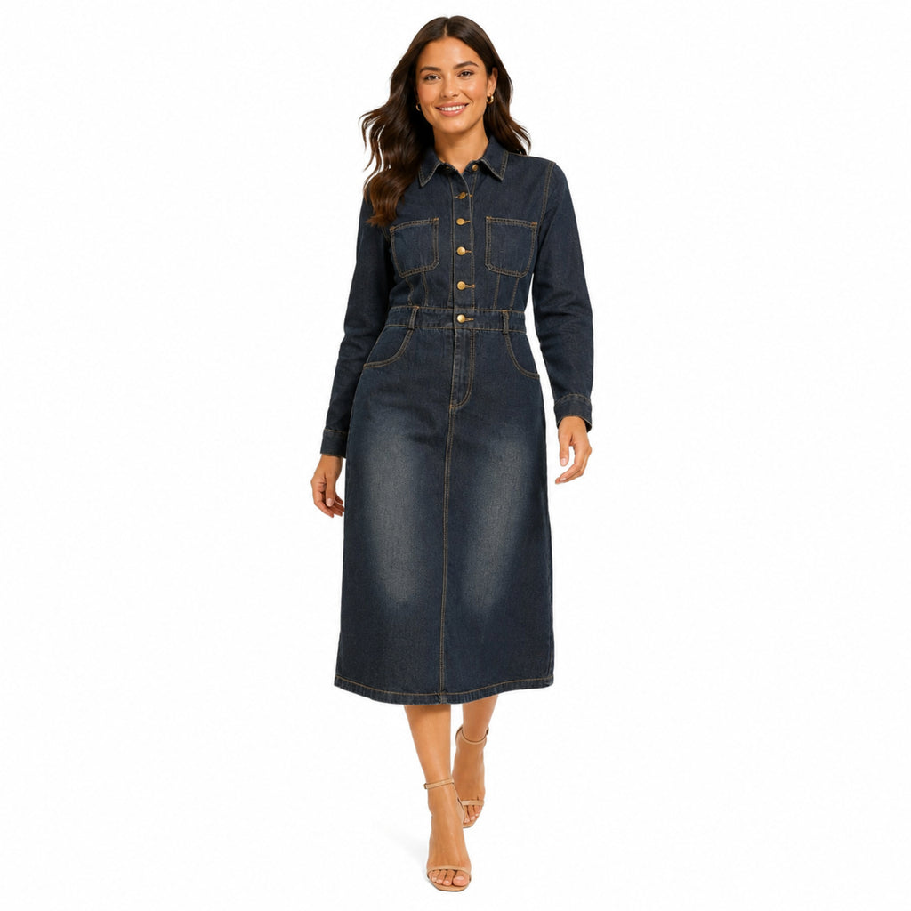 Dark Indigo Denim Shirt Dress Tailored Midi Silhouette-1