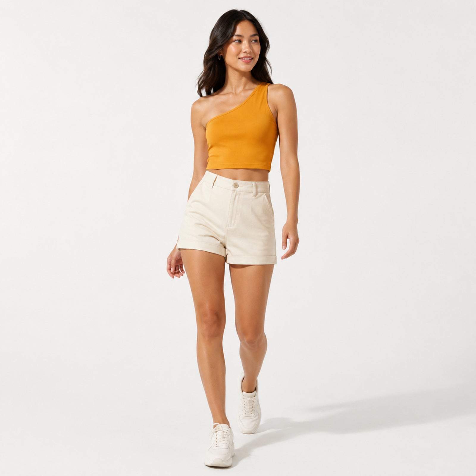 Women's Orange One-Shoulder Sleeveless Fitted Crop Top | Solid Asymmetric Casual Top-1