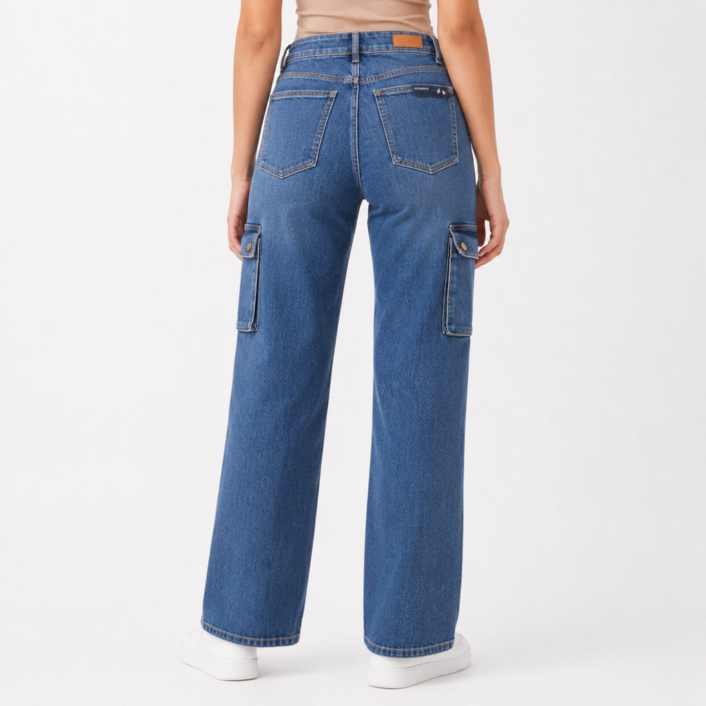 Women's Sleek High-Waist Wide-Leg Mid-Blue Denim Cargo Jeans-4