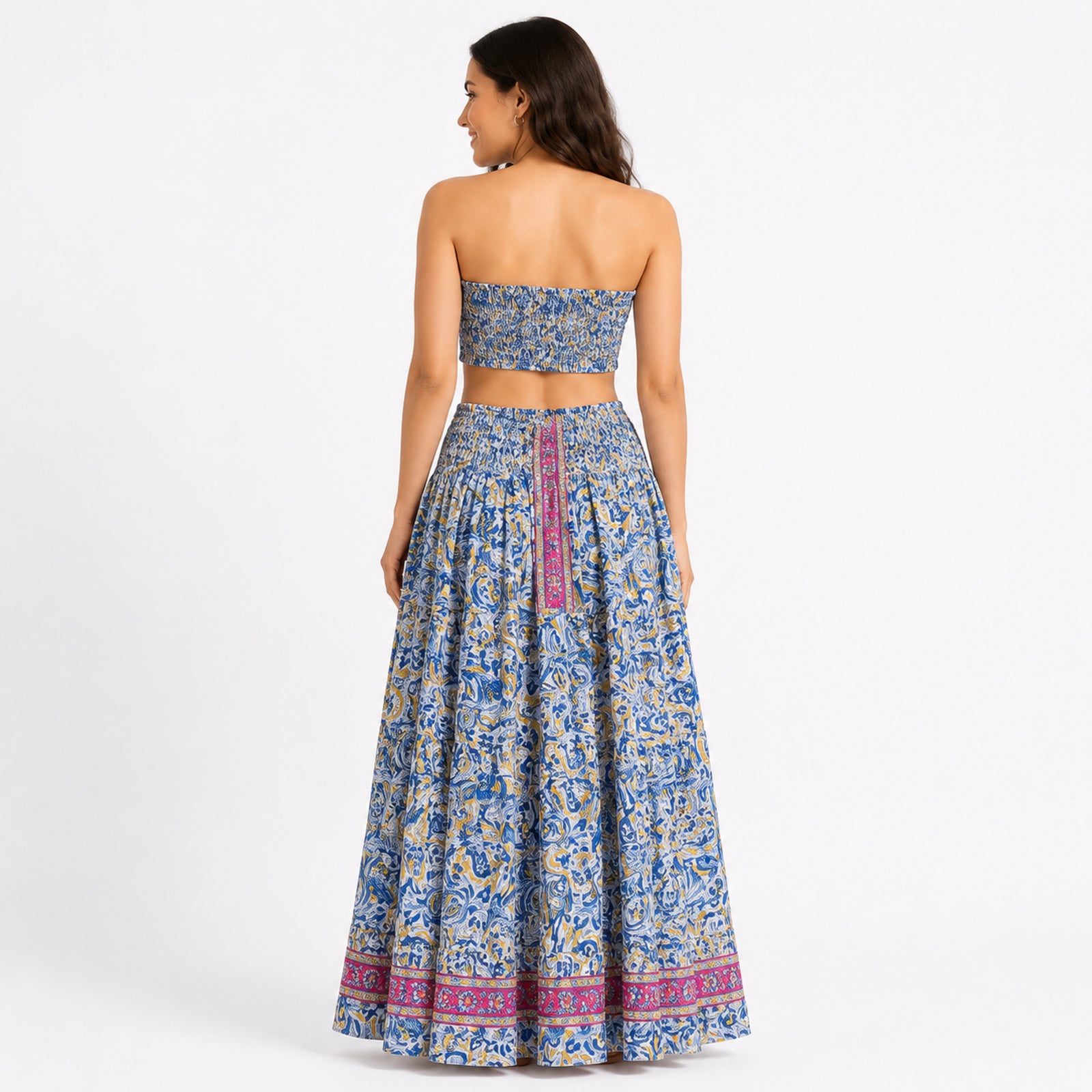 Women's Bohemian Chic Festive Blue Floral Off-Shoulder Tube Crop Top and Skirt Set-2