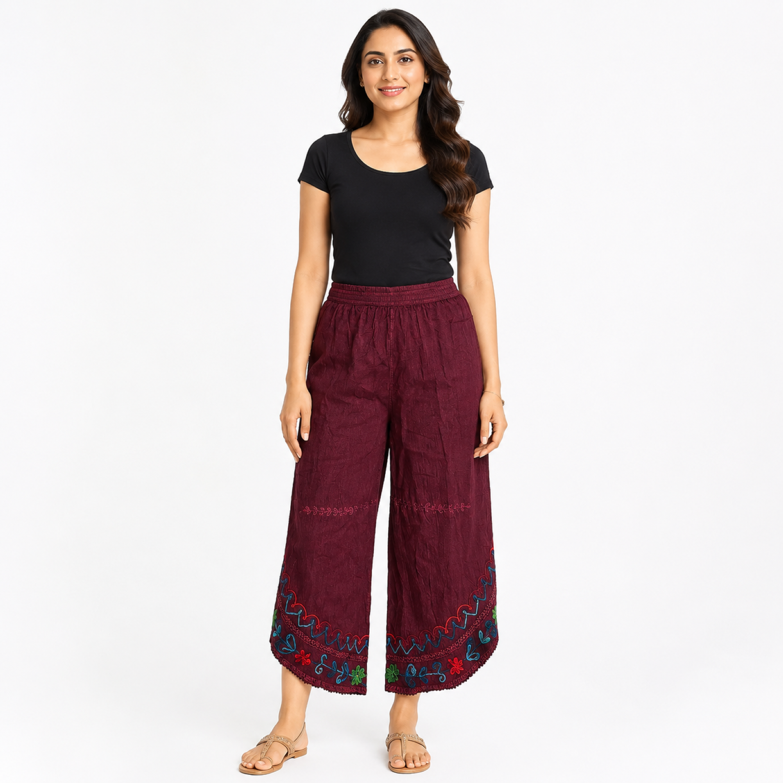 Women's Wine Embroidered Elastic Waist Wide Leg Palazzo Pants-3
