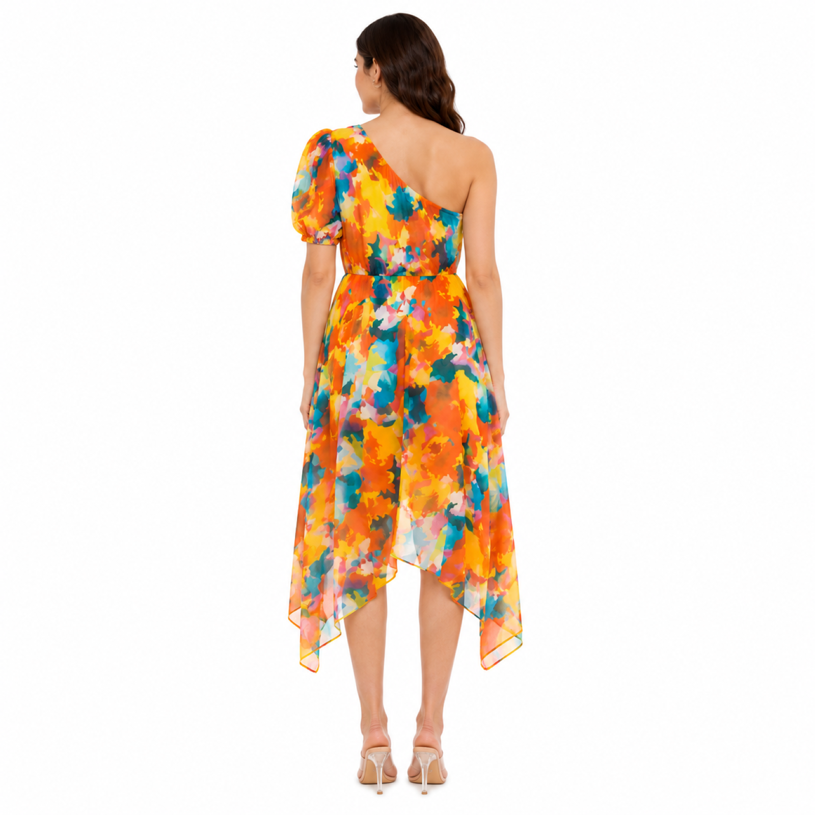 Women's Orange One-Shoulder Printed High-Low Dress | Asymmetrical Midi Party Dress-4
