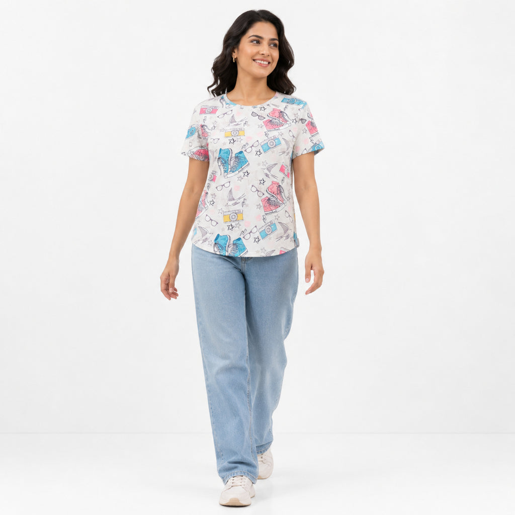Women's White Travel Theme Printed T-Shirt-3