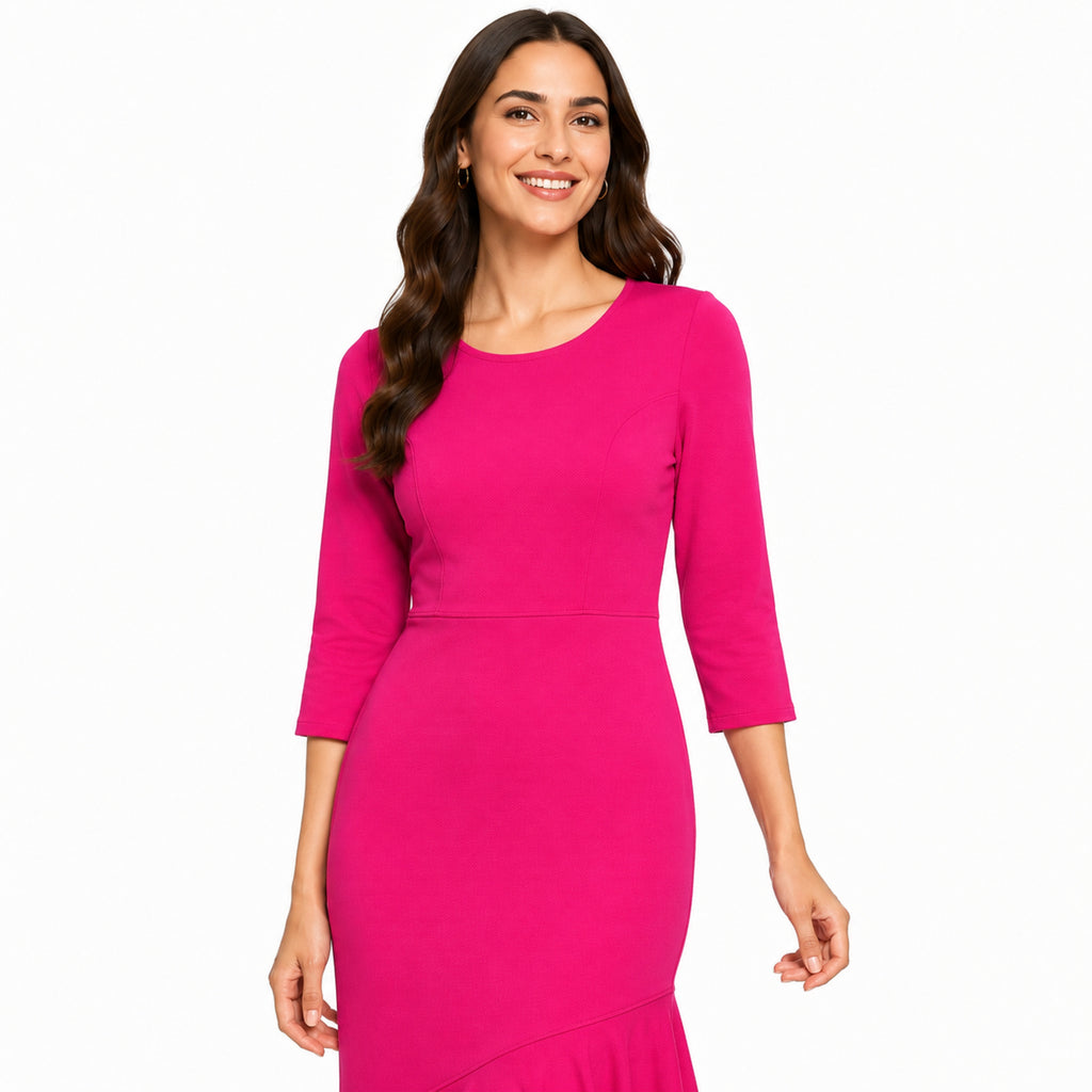 Women's Pink Solid Mermaid Midi Dress with Round Neck and Three-Quarter Sleeves-3