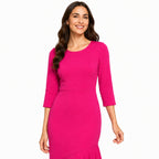 Women's Pink Solid Mermaid Midi Dress with Round Neck and Three-Quarter Sleeves-3