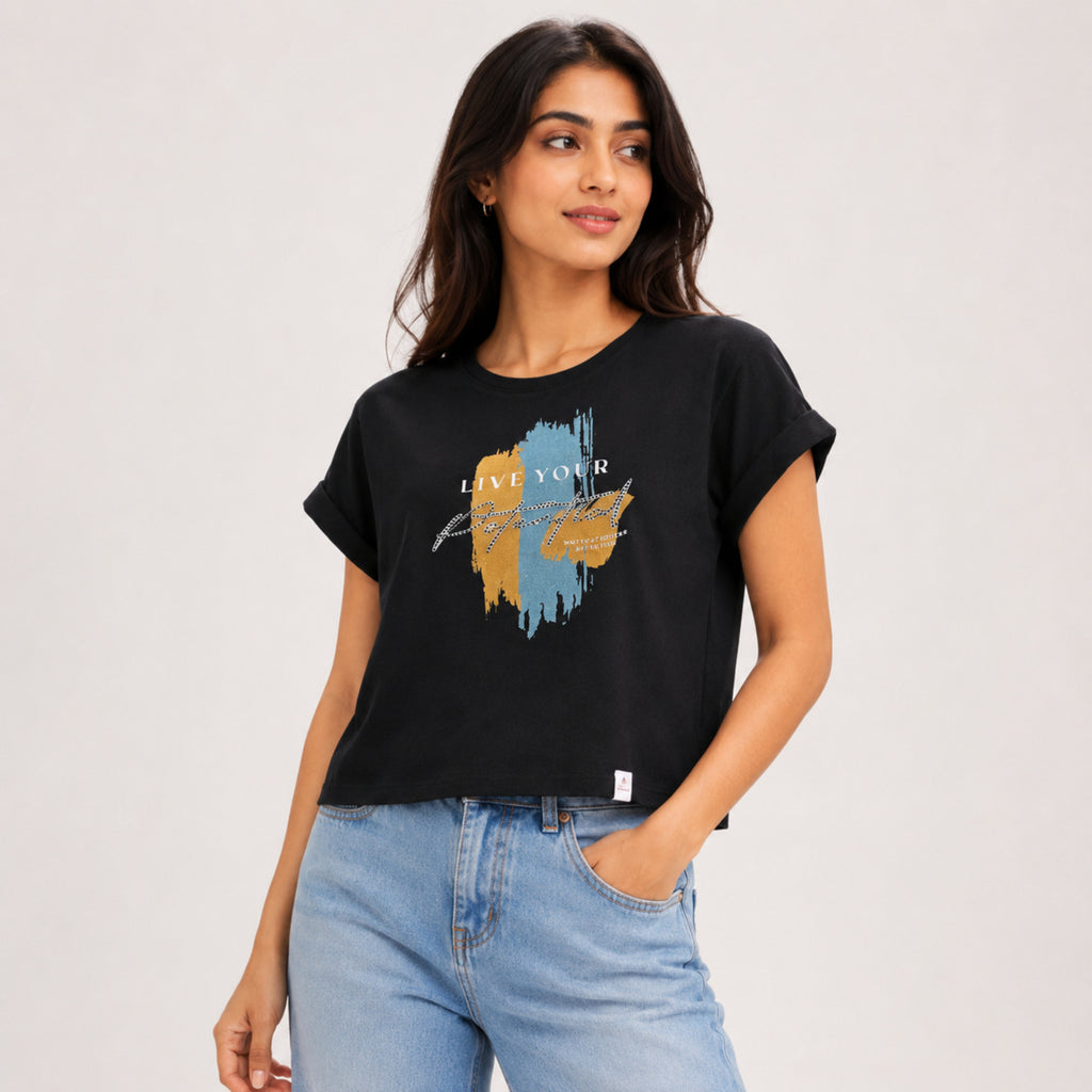 Women's Live Your Perfect Graphic Printed Black T-Shirt-1