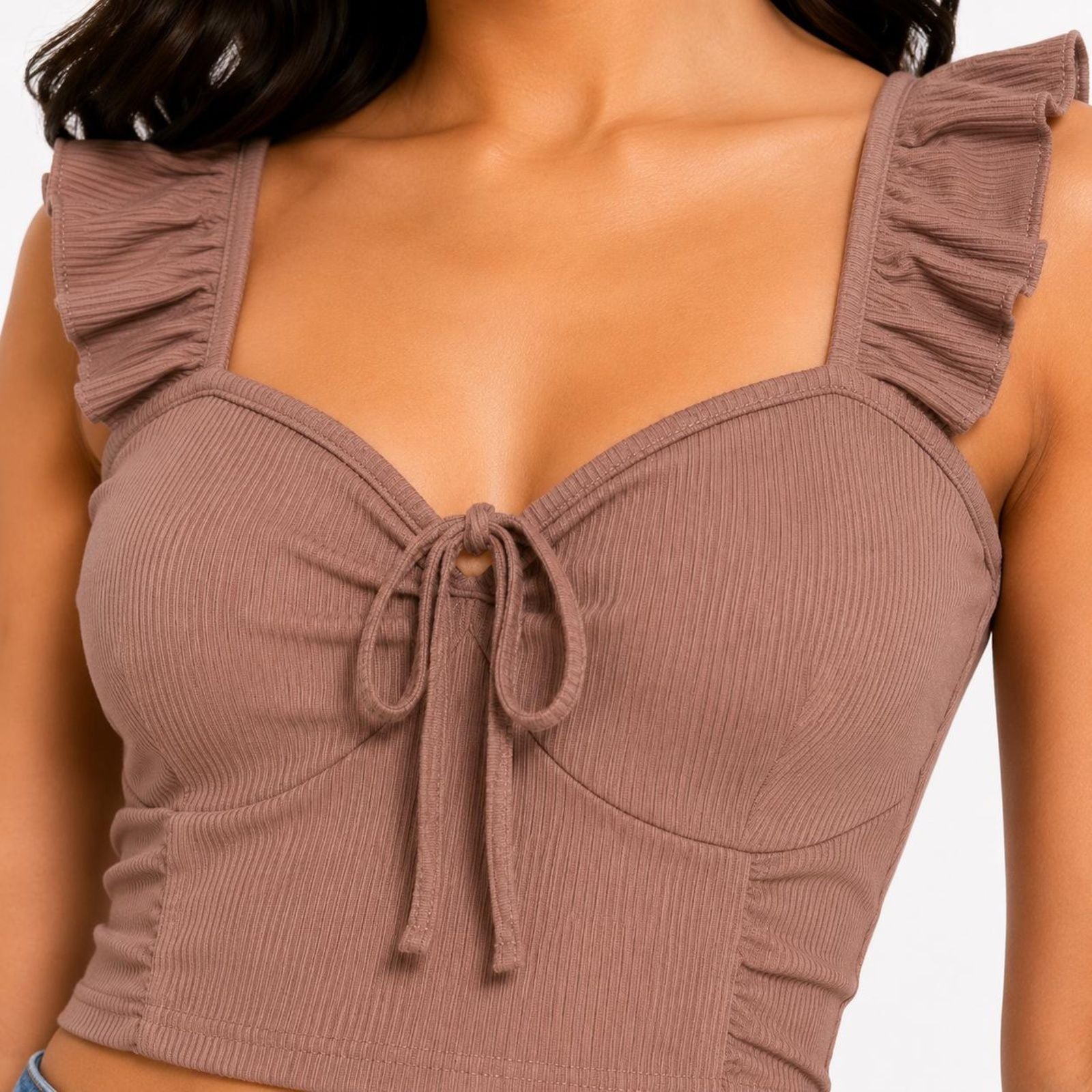 Women's Majestic Cocoa Brown Ribbed Corset Top with Ruffled Straps and Center-Front Tie Detailing-2