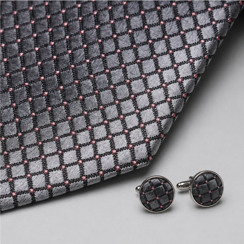 Men's Luxury Geometric Patterned Light Grey Silk Formal Necktie-3