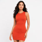 Women's Orange Sleeveless Bodycon Mini Dress | Round Neck Slim Fit Casual Party Dress-3