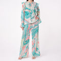 Women's Elegant Marble Print Ruffle Co-Ord Set with Flared Sleeves & Wide Leg Pants-1