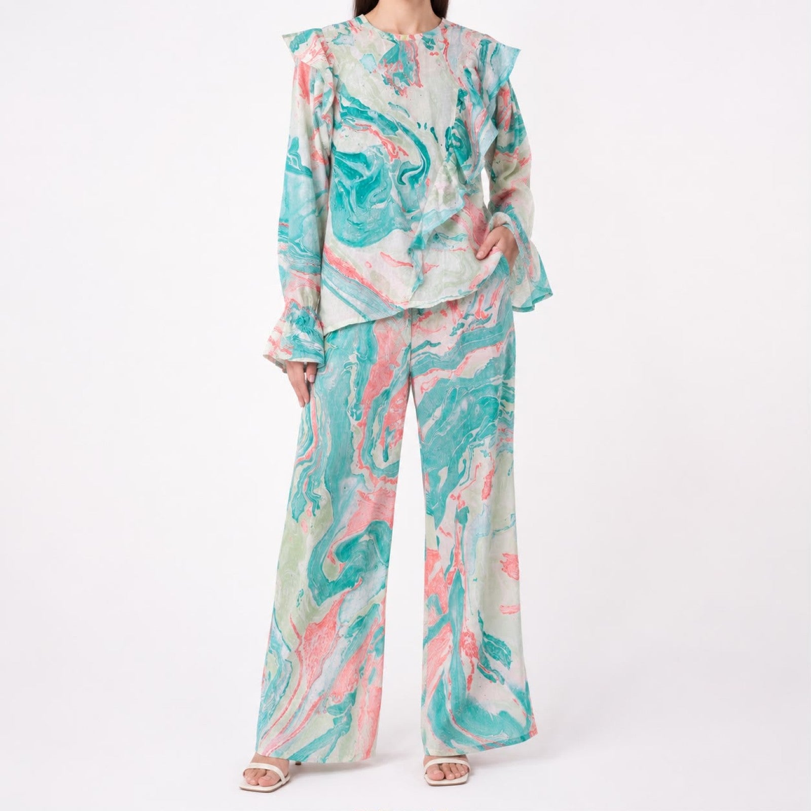 Women's Elegant Marble Print Ruffle Co-Ord Set with Flared Sleeves & Wide Leg Pants-1
