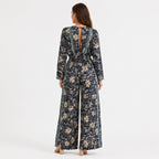 Women's Navy Blue Floral Border Print V-Neck Wide Leg Jumpsuit | Full Sleeve Resort Wear Jumpsuit-4