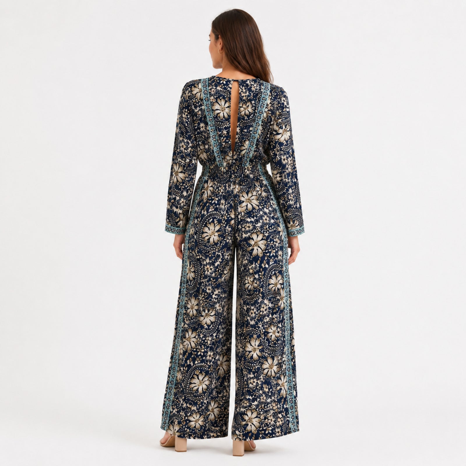 Women's Navy Blue Floral Border Print V-Neck Wide Leg Jumpsuit | Full Sleeve Resort Wear Jumpsuit-4