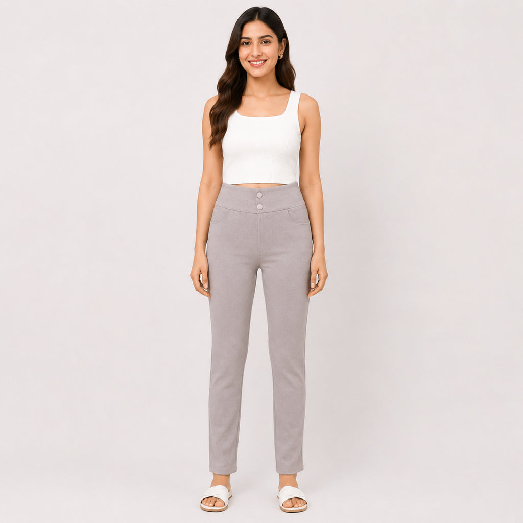 Women's Slim Fit Grey Casual Trousers-4