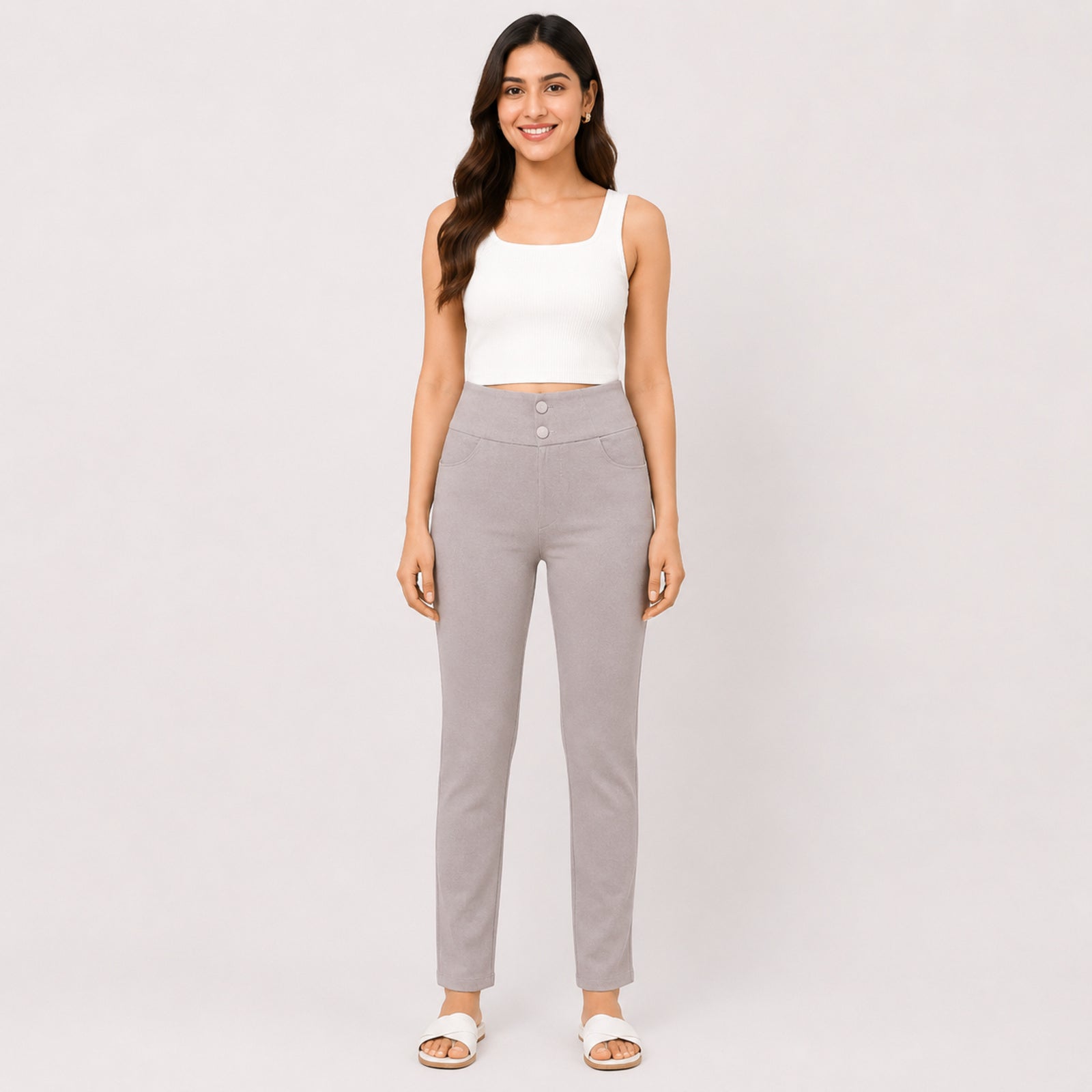 Women's Slim Fit Grey Casual Trousers-4