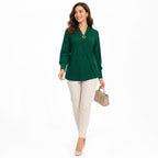 Women's Green Wrap Style Long Sleeve V-Neck Top-2
