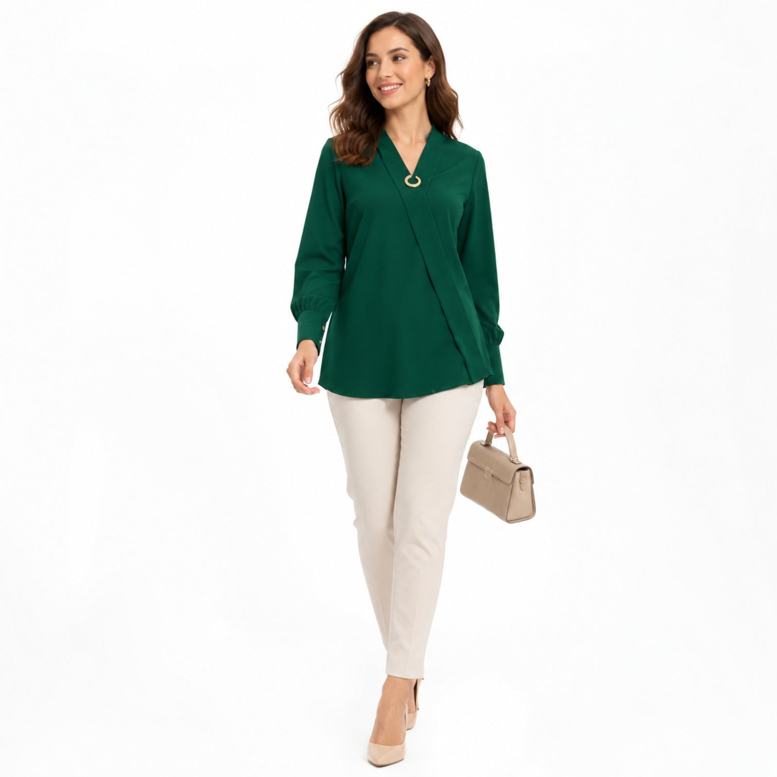Women's Green Wrap Style Long Sleeve V-Neck Top-2