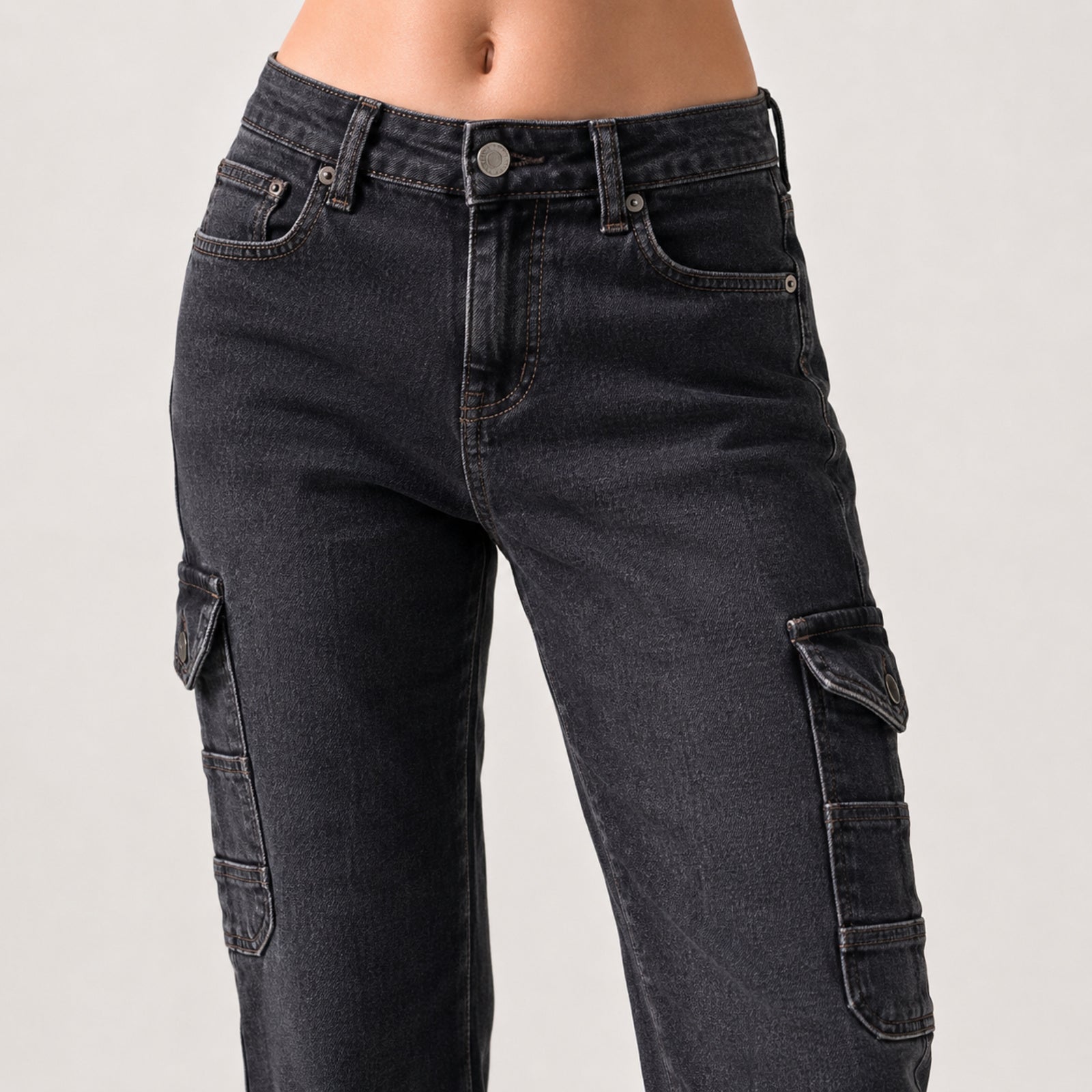 Women's Dark Grey Cargo Wide Leg Denim Jeans-4