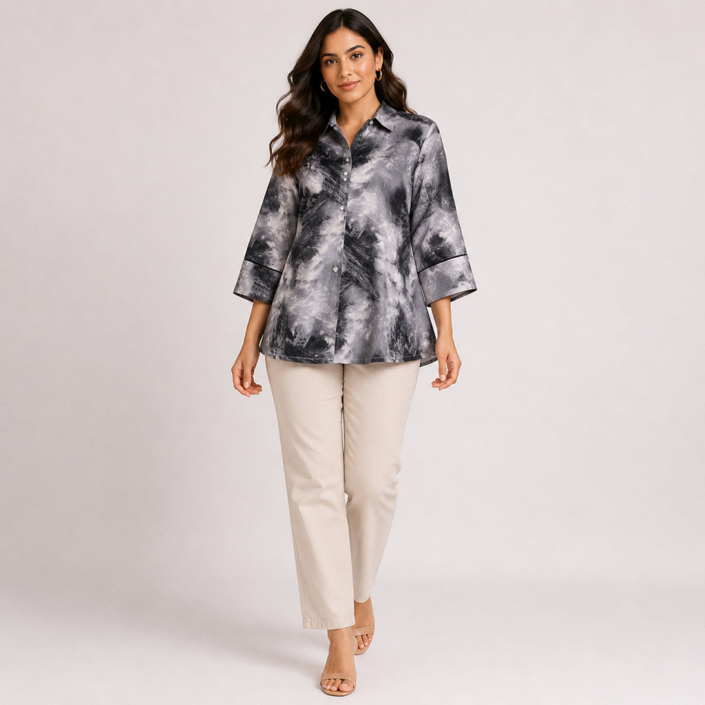 Women's Grey Abstract Printed Collared Shirt Top with Three-Quarter Sleeves-1