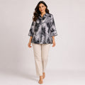 Women's Grey Abstract Printed Collared Shirt Top with Three-Quarter Sleeves-1
