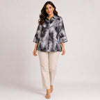Women's Grey Abstract Printed Collared Shirt Top with Three-Quarter Sleeves-1