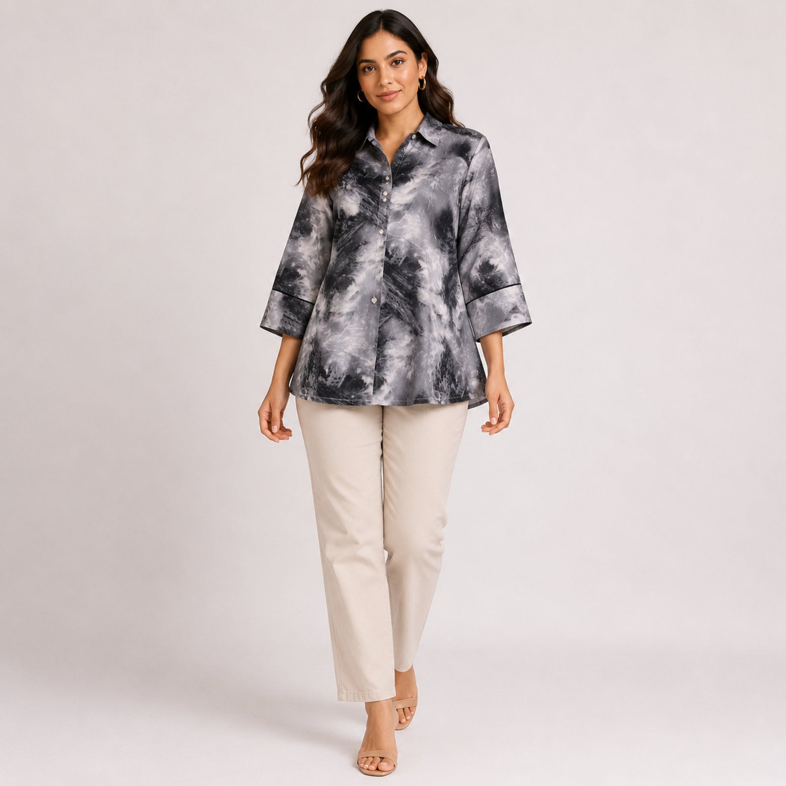 Women's Grey Abstract Printed Collared Shirt Top with Three-Quarter Sleeves-1