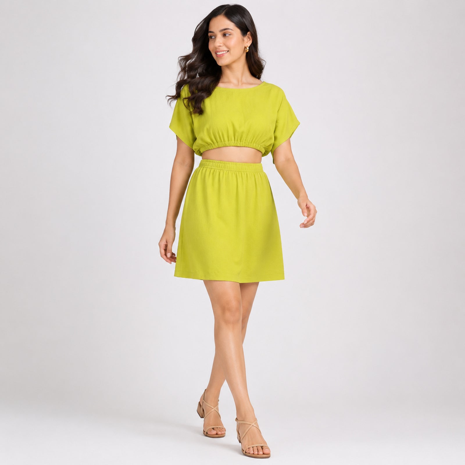 Women's Parrot Green Crop Top and Mini Skirt Co-Ord Set-1