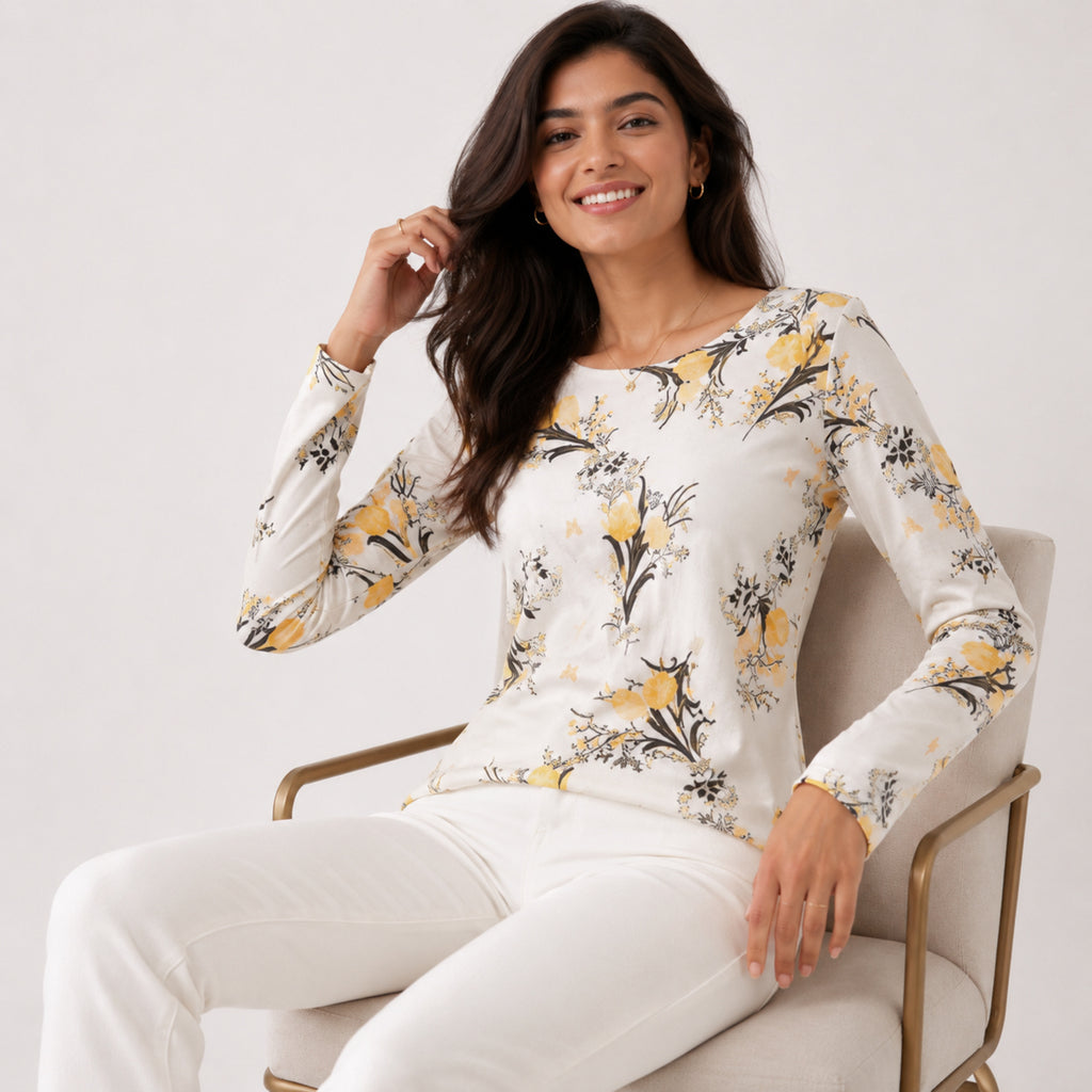 Women's Beige Floral Printed Full Sleeve Top-3