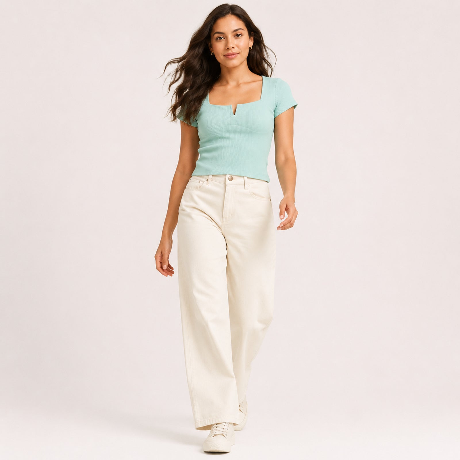 Women's Mint Green Ribbed Square Neck Top-2