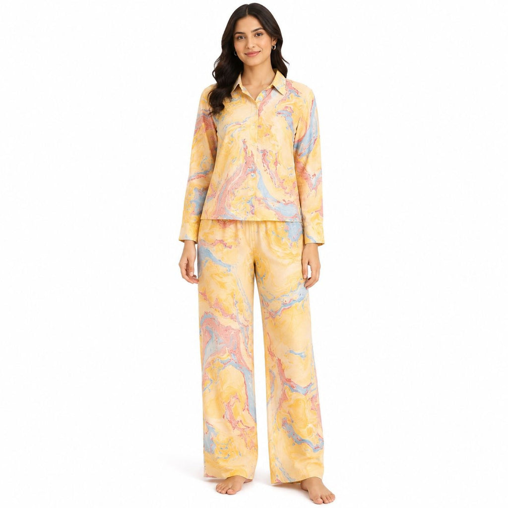 Women's Yellow Marble Print Collared Shirt and Wide-Leg Pyjama Co-Ord Set | Relaxed Lounge Set-1