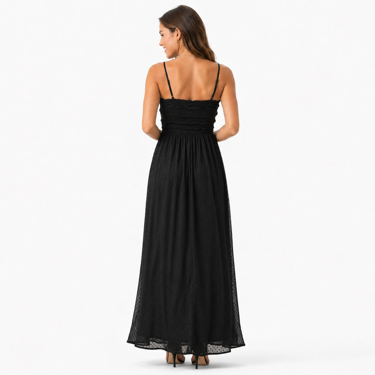 Women's Black Smocked Maxi Dress | Sleeveless Spaghetti Strap Flowy Casual Dress-4