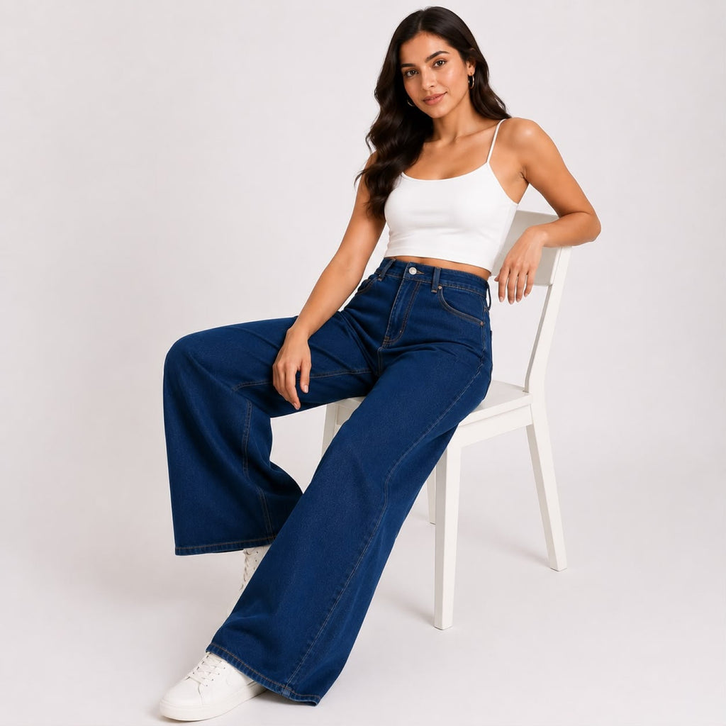 Women's Dark Blue High Waist Wide Leg Jeans | Trendy Relaxed Fit Denim Pants for Casual Streetwear Style-2