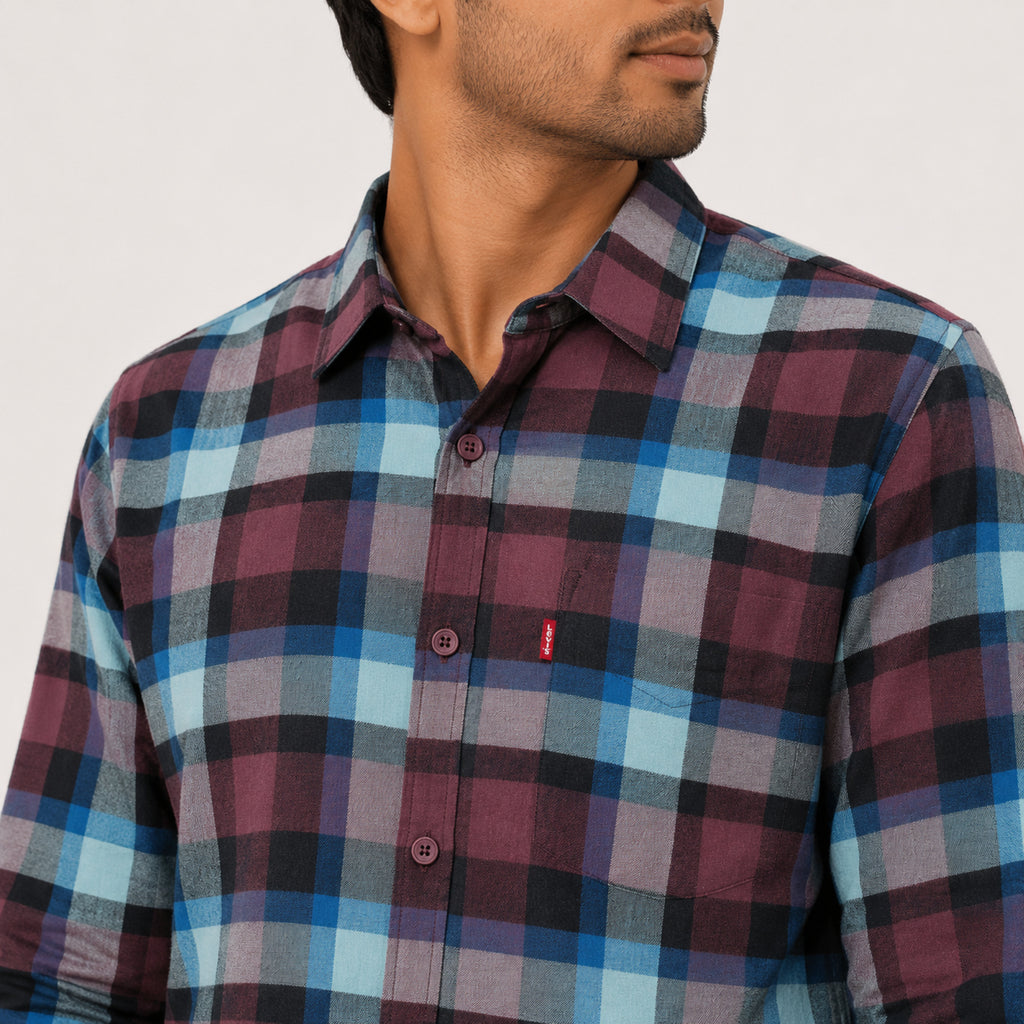 Men's Maroon and Teal Peacock Plaid Checkered Smart-Casual Shirt-1