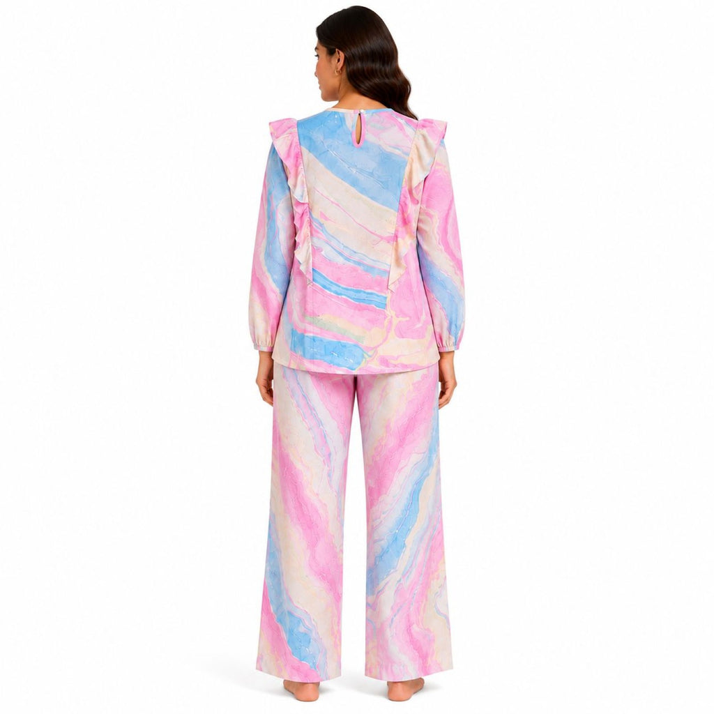Women's Light Pink Abstract Marble Print Ruffle Sleeve Top and Straight Pyjama Co-Ord Set | Relaxed Lounge Set-4