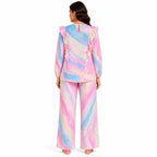 Women's Light Pink Abstract Marble Print Ruffle Sleeve Top and Straight Pyjama Co-Ord Set | Relaxed Lounge Set-4