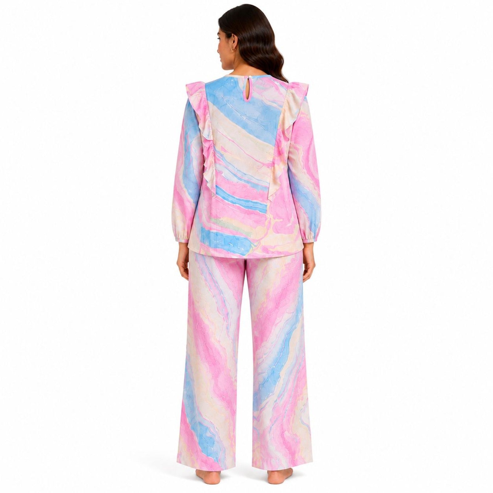 Women's Light Pink Abstract Marble Print Ruffle Sleeve Top and Straight Pyjama Co-Ord Set | Relaxed Lounge Set-4