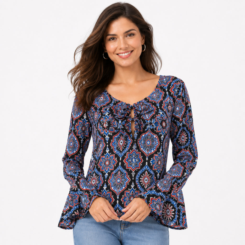Women's Black Ethnic Motif Print Tie-Neck Bell Sleeve Top | Boho Casual Blouse-3