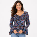 Women's Black Ethnic Motif Print Tie-Neck Bell Sleeve Top | Boho Casual Blouse-3