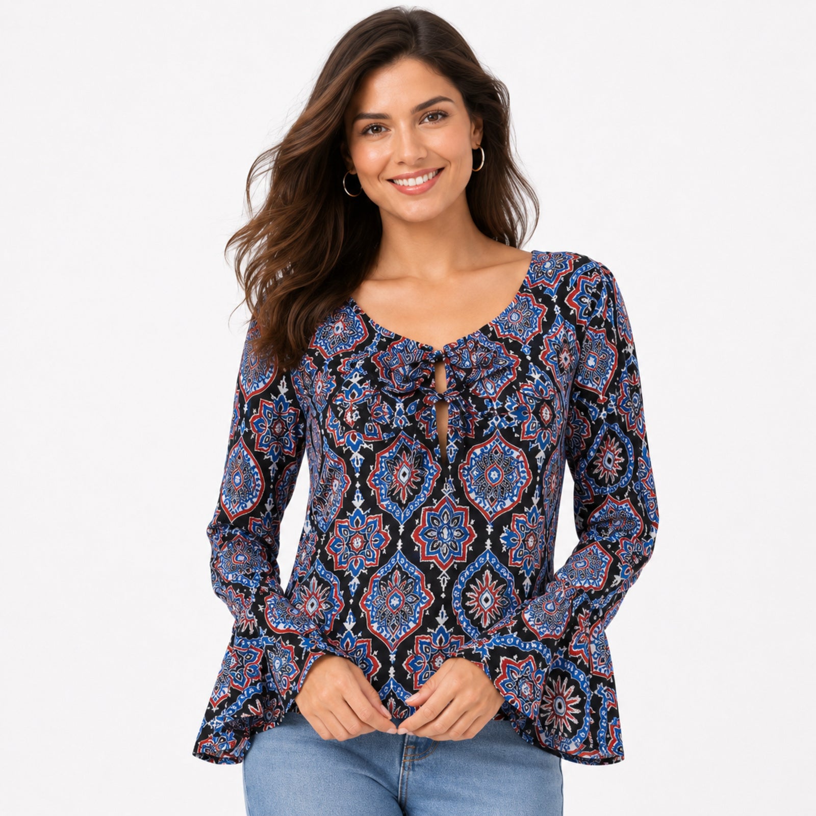 Women's Black Ethnic Motif Print Tie-Neck Bell Sleeve Top | Boho Casual Blouse-3