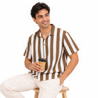 Men's Beige & White Vertical Stripe Polo T-Shirt-3