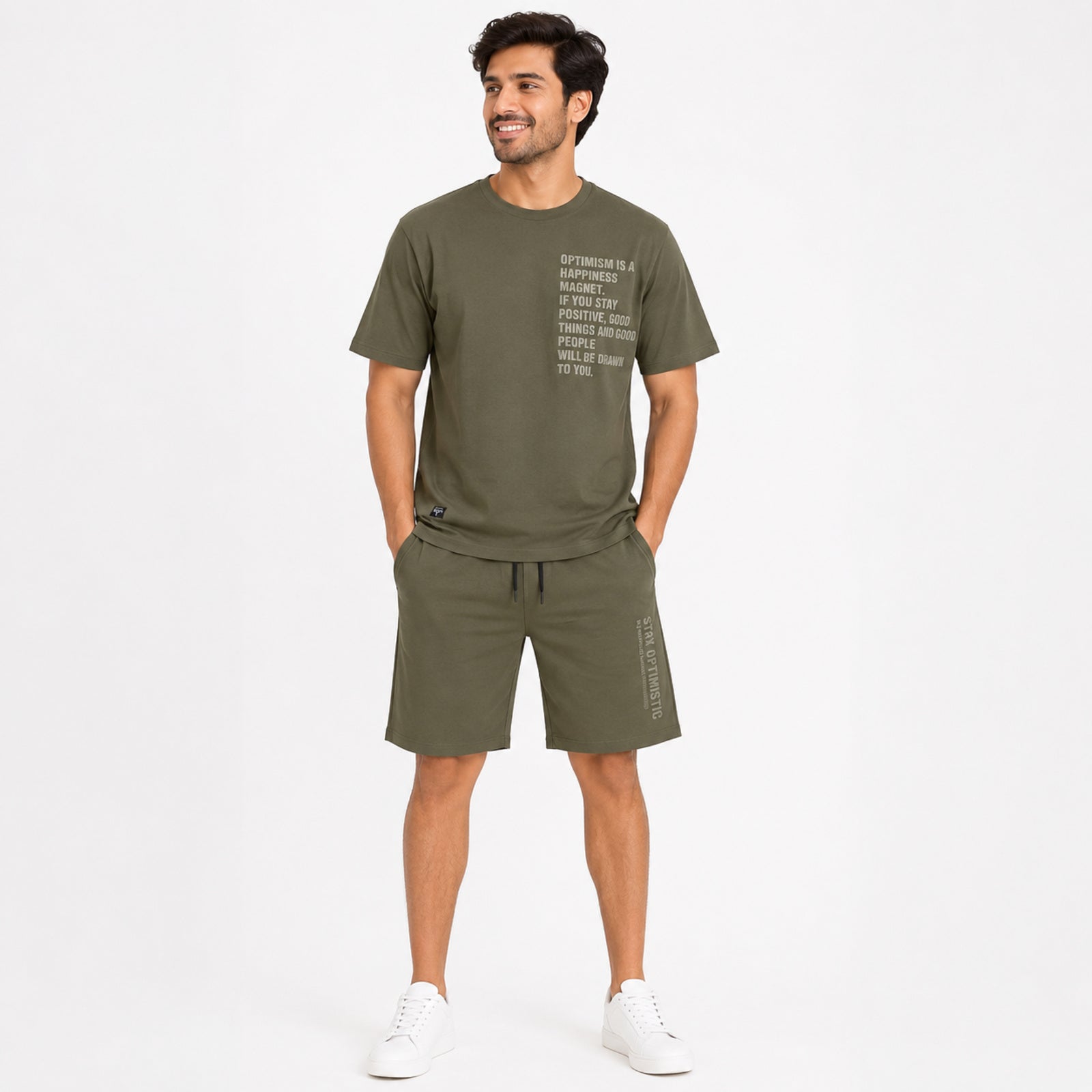 Men's Olive Green Typography Co-ord T-Shirt & Shorts Set-3