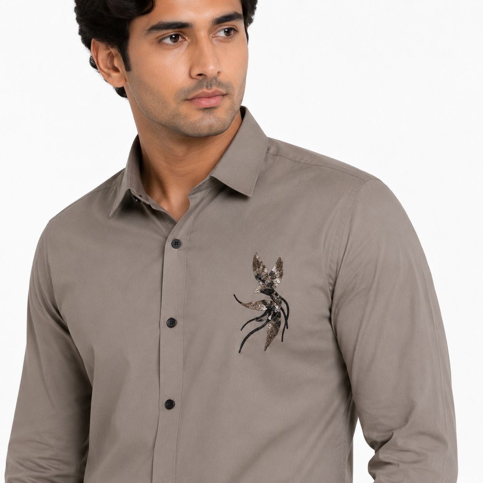 Men's Blue Minimal Embroidered Full Sleeve Shirt with Curved Hem-2