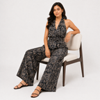 Women's Black & White Paisley Print Halter Neck Wide Leg Jumpsuit with Waist Tie-4